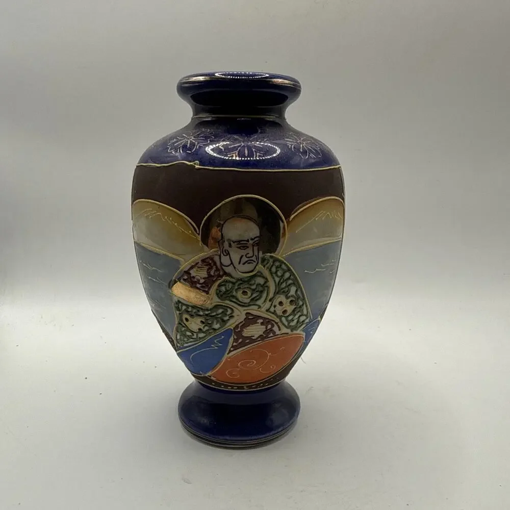 Vintage Japanese Satsuma Style 6” Cobalt Blue Hand Painted Moriage Vase *